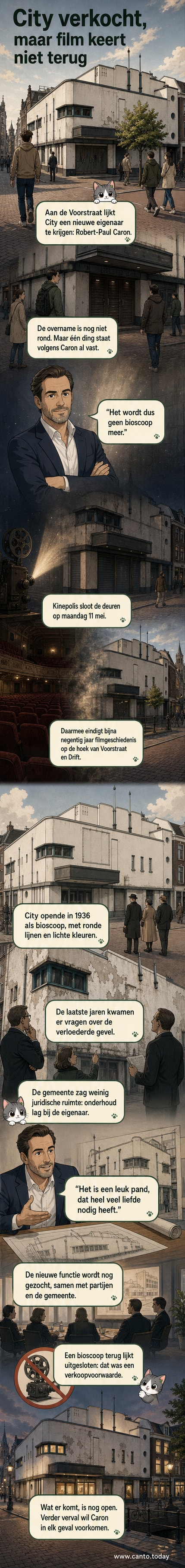 Het voormalige City-bioscoopgebouw aan de Voorstraat in Utrecht, een gebouw uit 1936 met ronde gevel en lichte kleuren, nu met een verwaarloosd uiterlijk.