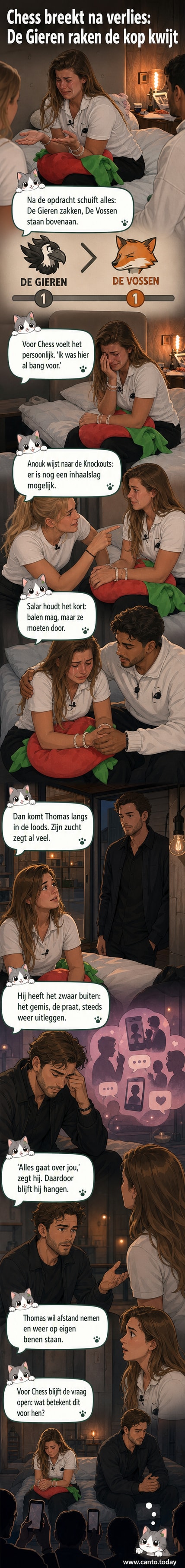 Chess zit met gebogen hoofd in de loods, tranen in haar ogen, omringd door teamgenoten die proberen te troosten, terwijl op de achtergrond een televisiescherm een beeld van Thomas toont.