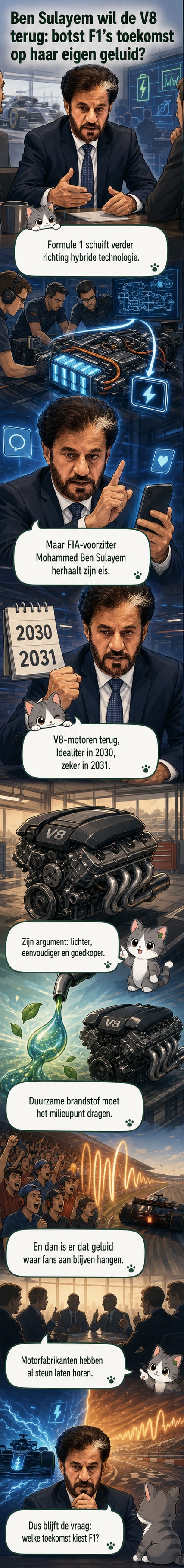 Illustratie van een Formule 1-wagen met V8-motor en het silhouet van FIA-voorzitter Mohammed Ben Sulayem, met achtergrond van een circuit en publiek dat luistert naar het motorgeruis.