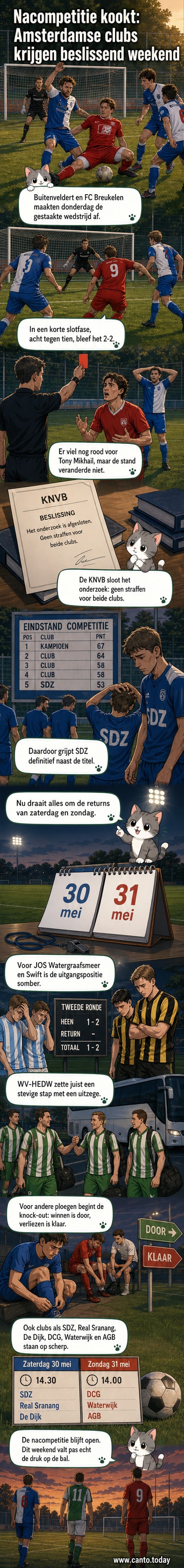 Voetbalveld in Buitenveldert tijdens een spannende nacompetitiewedstrijd met spelers in actie en toeschouwers langs de lijn.