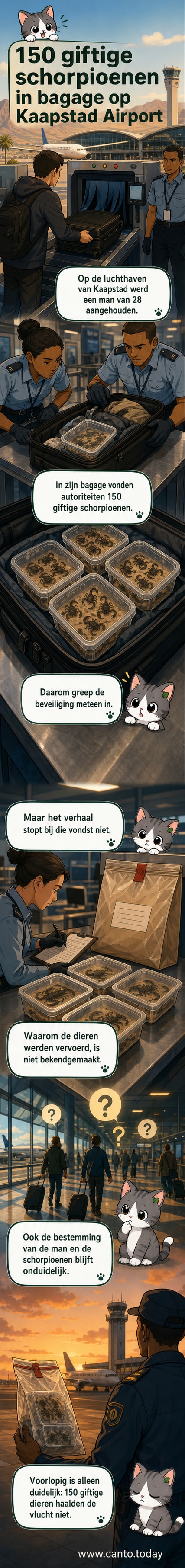 Een man in een grijs jack wordt omgeven door douanebeambten op de luchthaven van Kaapstad, terwijl dozen met schorpioenen worden onderzocht.