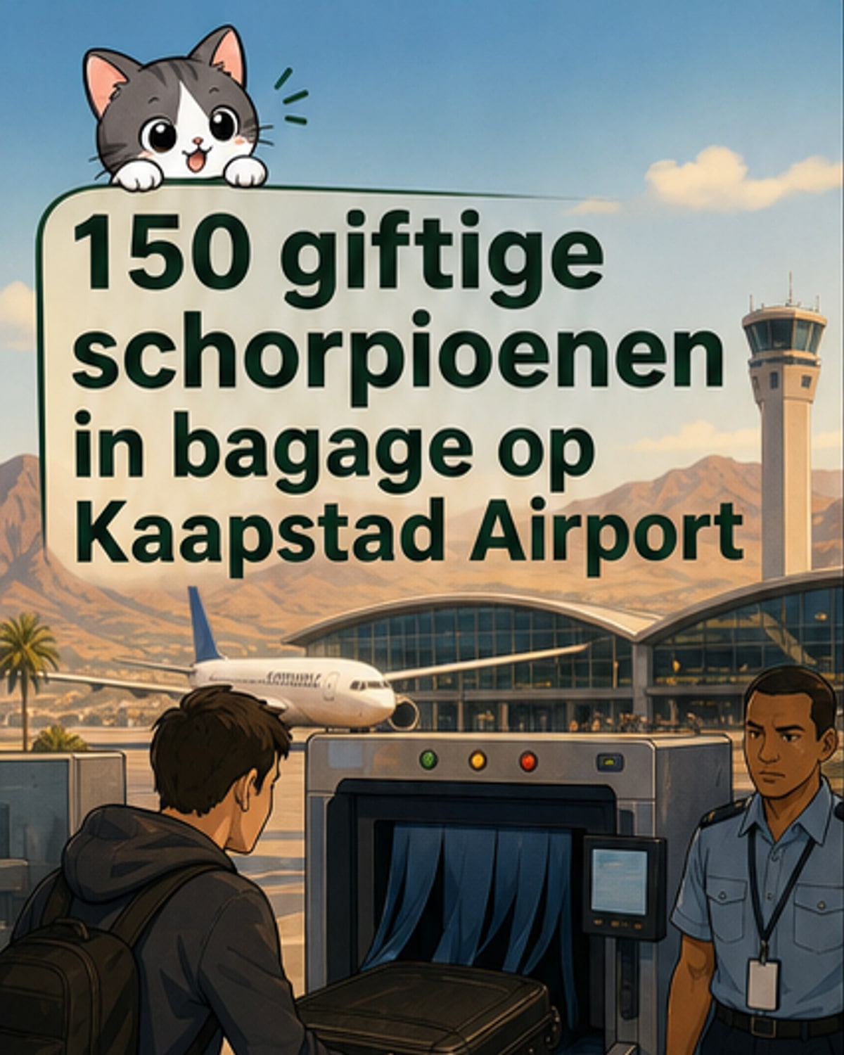 Een man in een grijs jack wordt omgeven door douanebeambten op de luchthaven van Kaapstad, terwijl dozen met schorpioenen worden onderzocht.