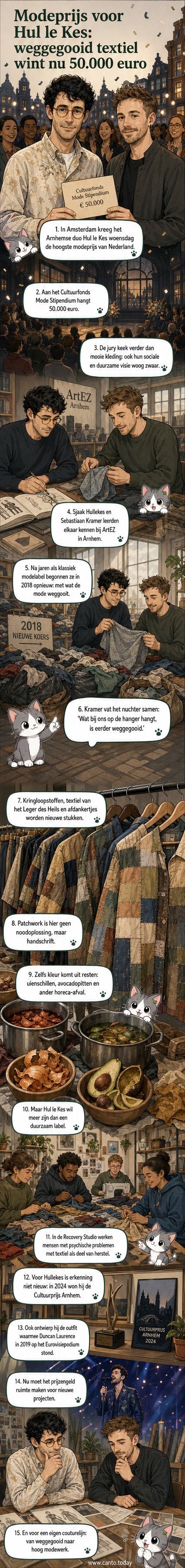 Twee modeontwerpers staan naast een rek met kleurrijke, uit verschillende stoffen samengestelde kledingstukken in een lichtgevend atelier.