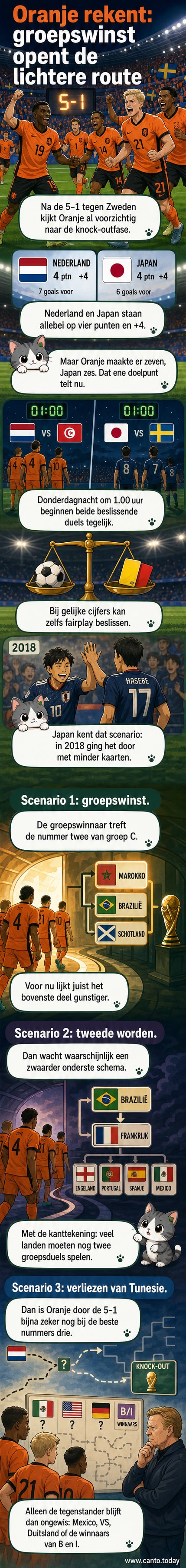 Voetbalveld met Oranje-spelers die juichen na een doelpunt, met scorebord dat 5-1 toont