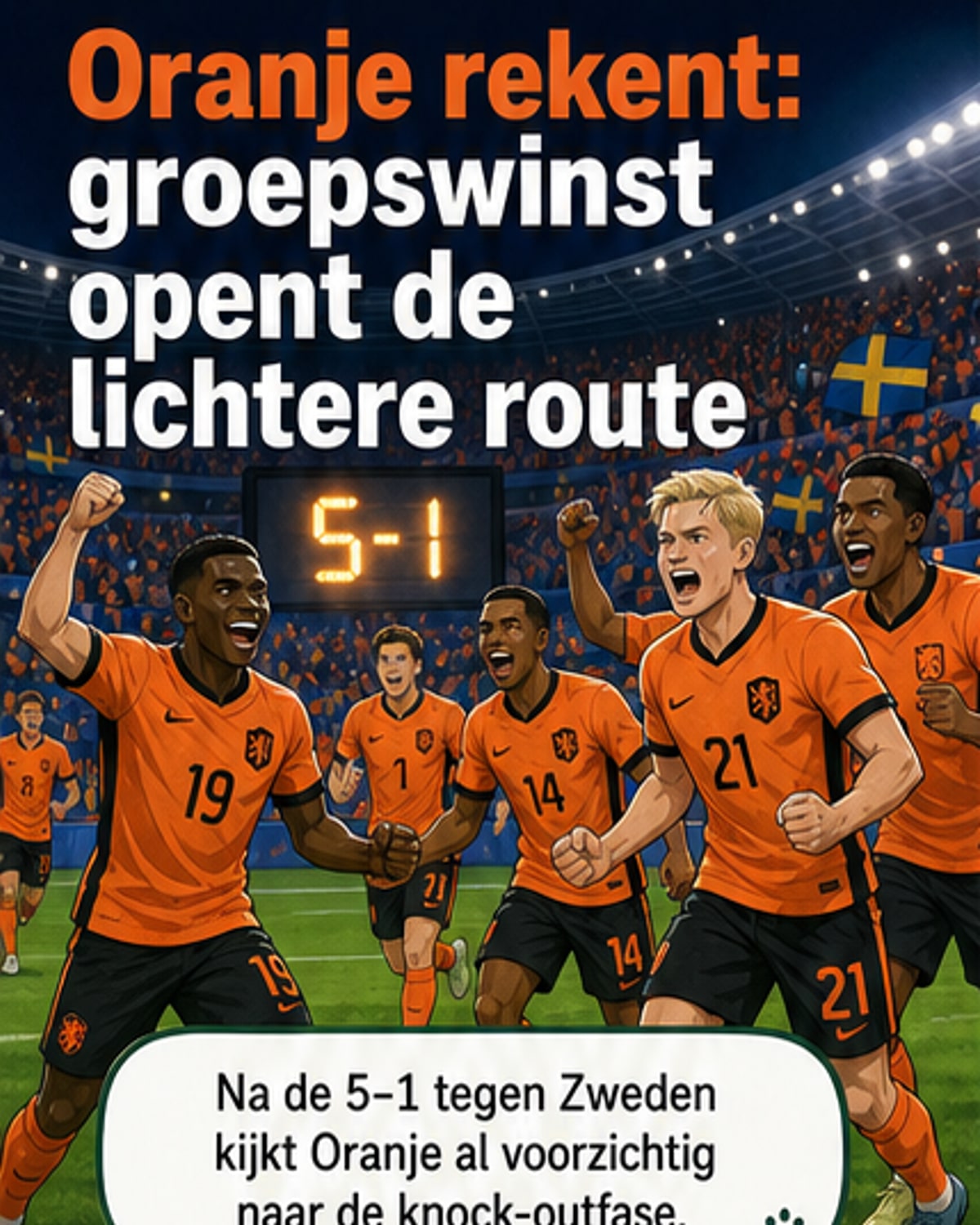 Voetbalveld met Oranje-spelers die juichen na een doelpunt, met scorebord dat 5-1 toont