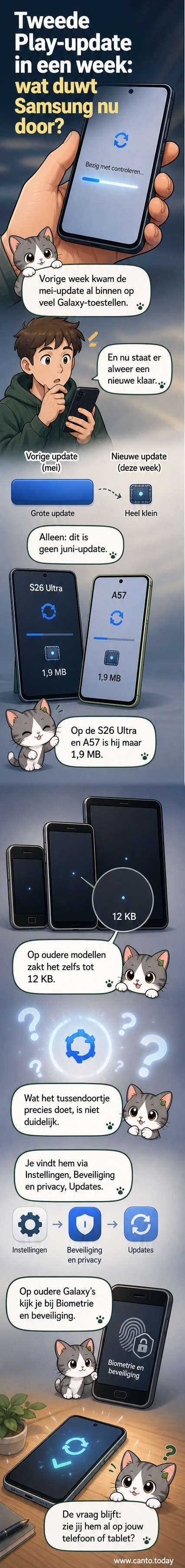 Een Galaxy S26 Ultra toont een melding van een kleine Google Play-systeemupdate, met het instellingenmenu zichtbaar op het scherm.