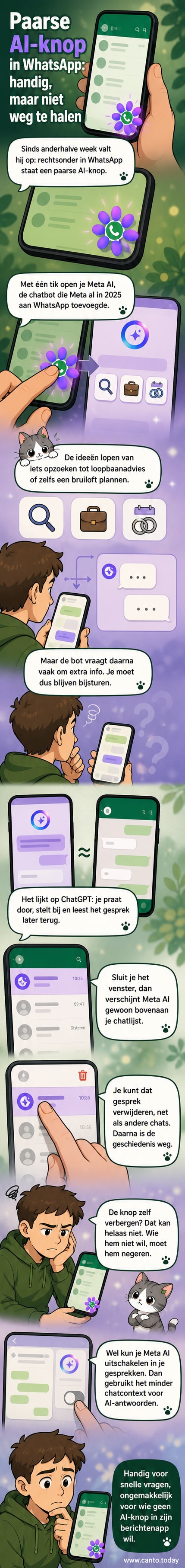 WhatsApp scherm met een paarse ronde knop rechtsonder, met daaronder de tekst 'Nieuwe functie: toegang tot Meta AI'.