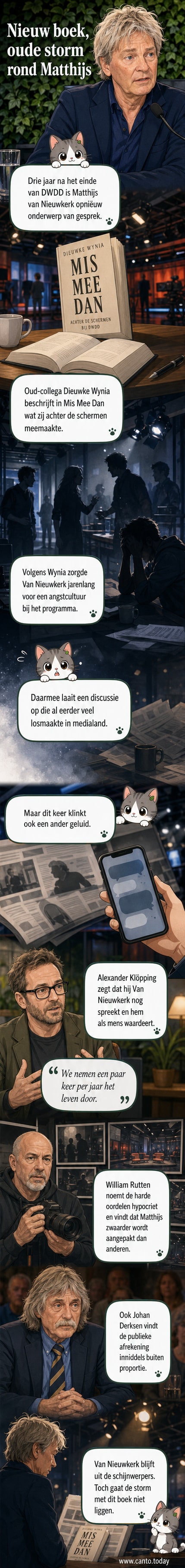 Illustratie van Matthijs van Nieuwkerk met een DWDD-achtergrond, terwijl boeken en reacties van collega's om hem heen zweven.