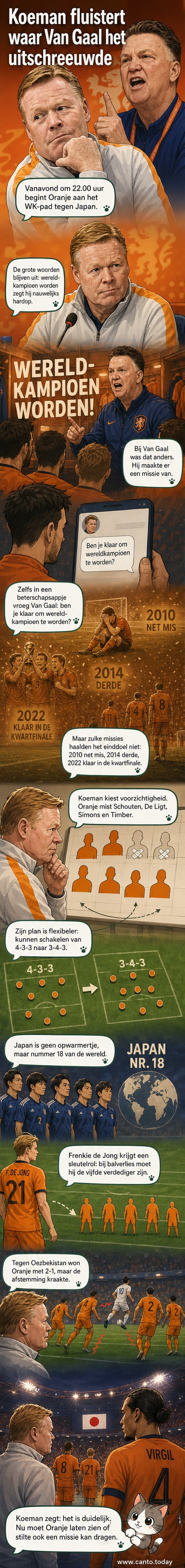 Twee bondscoaches van Oranje: links Louis van Gaal die met overtuiging spreekt, rechts Ronald Koeman nuchter tijdens een persmoment.