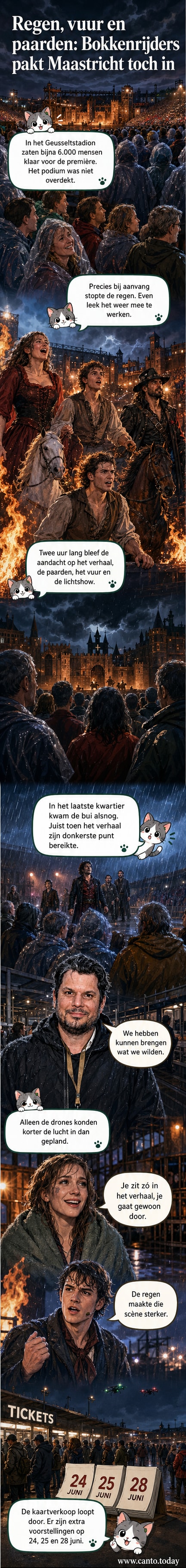 Een scène uit de première van de musical Bokkenrijders in het Geusseltstadion in Maastricht, met acteurs op een nat podium onder een dramatische licht- en droneshow, ondanks regenachtig weer.