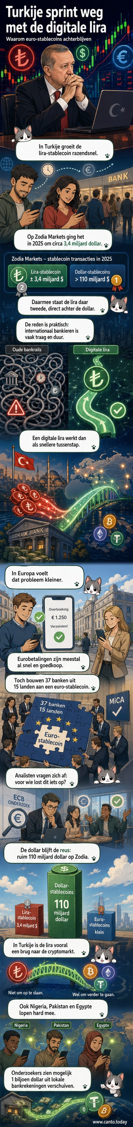 Een illustratie van een digitale munt met de Turkse vlag, naast een trage euro-overboeking en een snelle dollar-transactie.