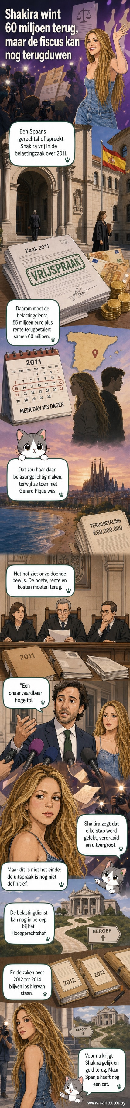 Shakira op een podium, met een gerechtshof en euro-symbolen op de achtergrond, illustratie van de belastingvrijspraak en terugbetaling.