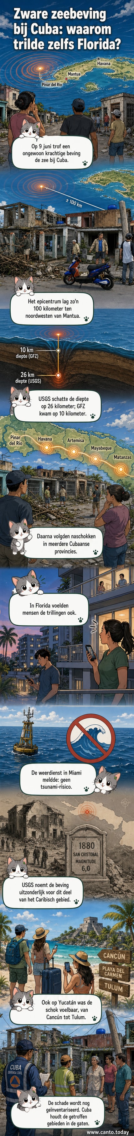 Illustratie van een aardbeving bij Cuba, met trillingen die zich uitstrekken over het Caribisch gebied en zichtbare naschokken in Havana en Florida.