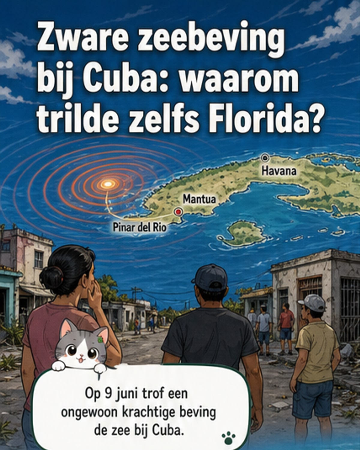 Illustratie van een aardbeving bij Cuba, met trillingen die zich uitstrekken over het Caribisch gebied en zichtbare naschokken in Havana en Florida.