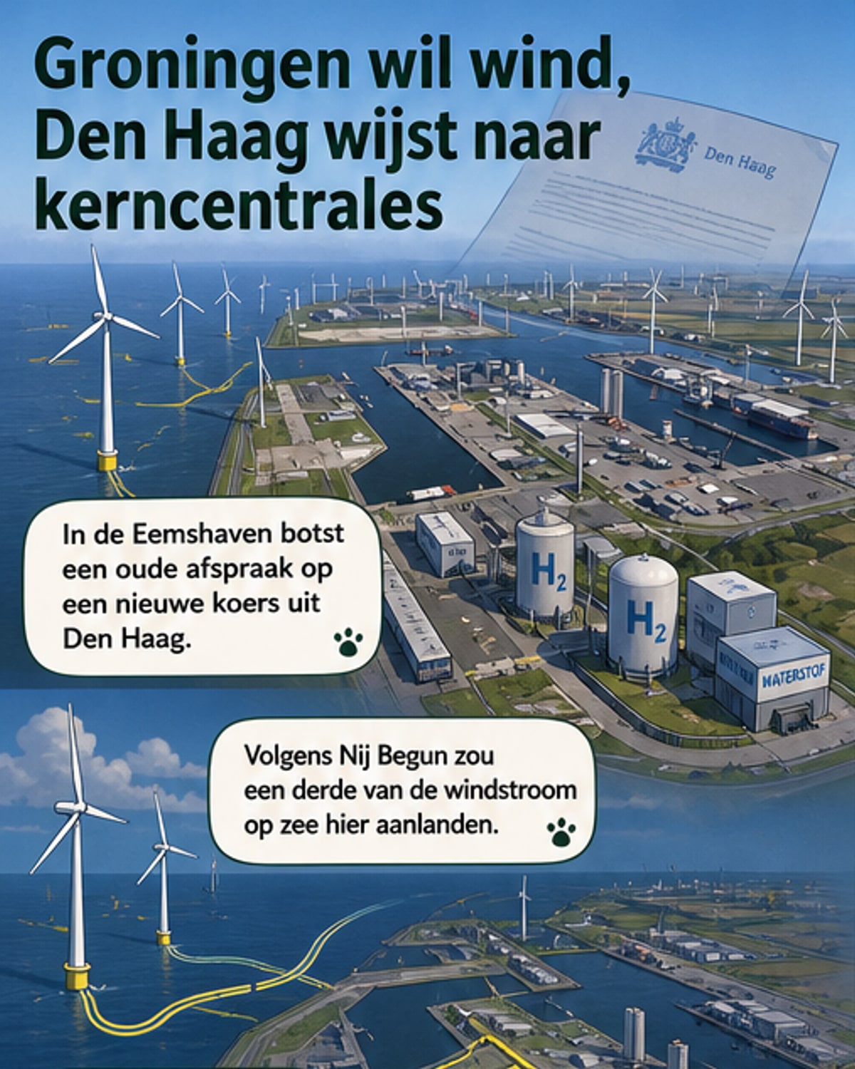 Illustratie van de Eemshaven met windturbines op zee en een tegenhanger van een kerncentrale in de verte, symboliserend de keuzestrijd rond energie in Groningen.