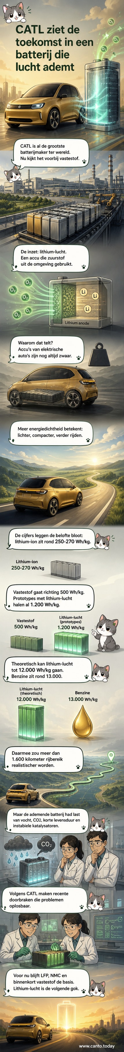 Illustratie van een batterij die zuurstof uit de lucht opneemt, met schematische weergave van de chemische reactie tussen lithium en zuurstof.