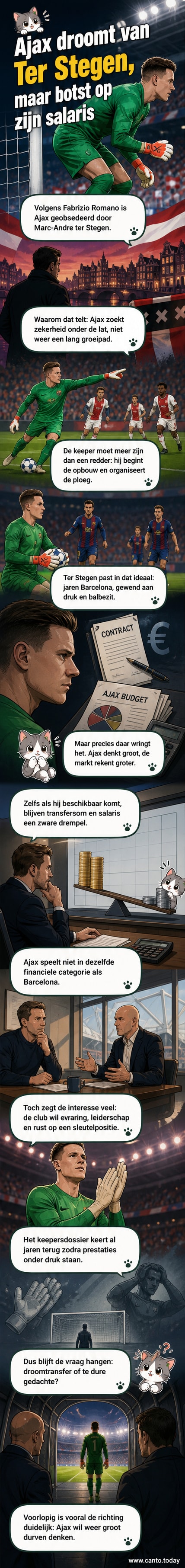 Illustratie van een voetbalkeeper in Ajax-trui die een bal wegslaat, met een tweede figuur in de verte die het embleem van FC Barcelona draagt.