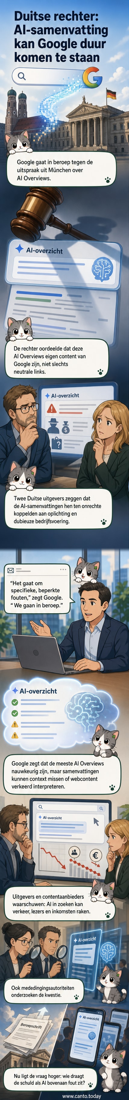 Illustratie van een rechter met een tablet waarop een AI-samenvatting verschijnt, terwijl Google-logo en een waarschuwingsschild in de achtergrond zichtbaar zijn.
