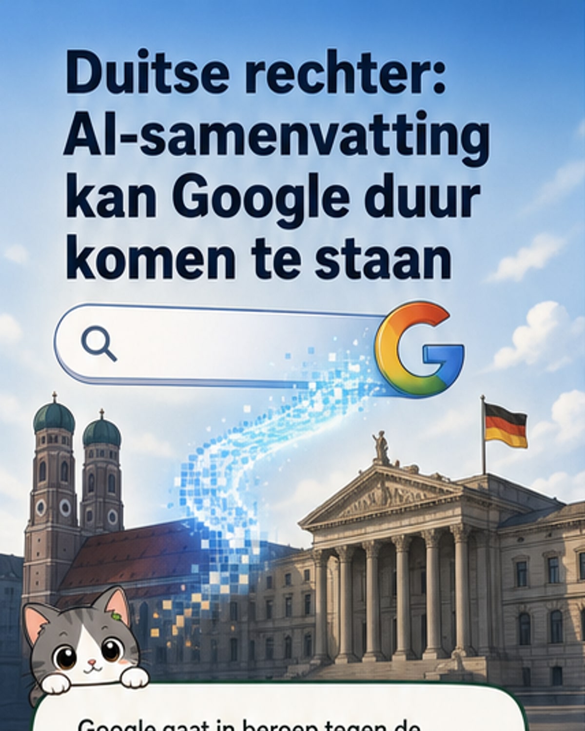 Illustratie van een rechter met een tablet waarop een AI-samenvatting verschijnt, terwijl Google-logo en een waarschuwingsschild in de achtergrond zichtbaar zijn.