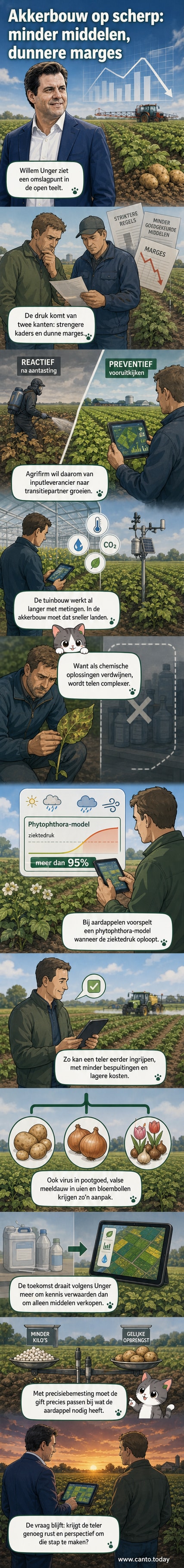 Een boer kijkt naar een tablet met een voorspellingsgrafiek voor aardappelziekten, terwijl een drone over het veld vliegt. Achtergrond: een akker met groeiende gewassen en een zonnig landschap.