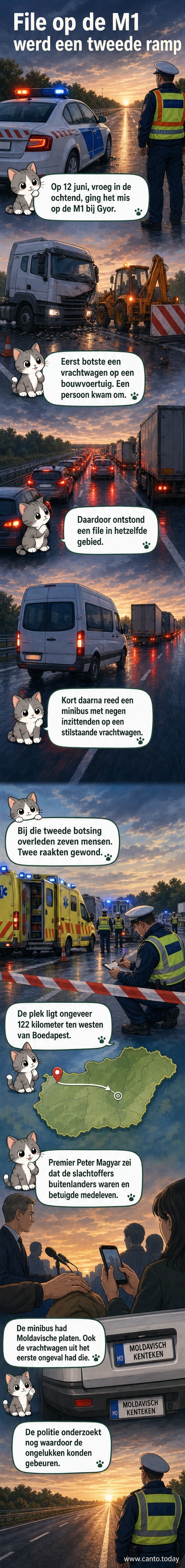 Illustratie van twee opeenvolgende verkeersongelukken op een snelweg in Hongarije, met een minibus en vrachtwagen betrokken, bij een file na een eerder ongeval.