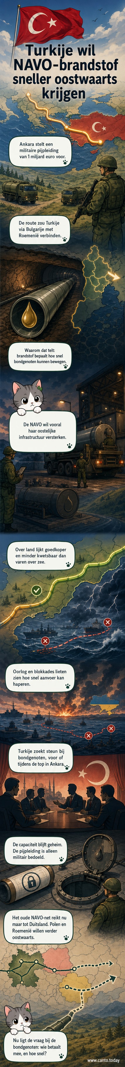 Illustratie van een pijpleiding die vanuit Turkije via Bulgarije naar Roemenië loopt, met NAVO-vlaggen langs de route.