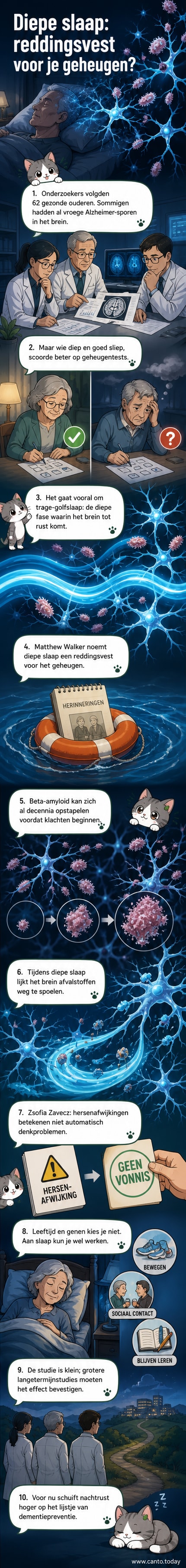 Een schematische weergave van een slapend brein met pulserende golven die schadelijke eiwitten wegvagen tijdens diepe slaap, terwijl een grafiek toont hoe slaapkwaliteit samenhangt met geheugentestprestaties bij mensen met Alzheimer-kenmerken.