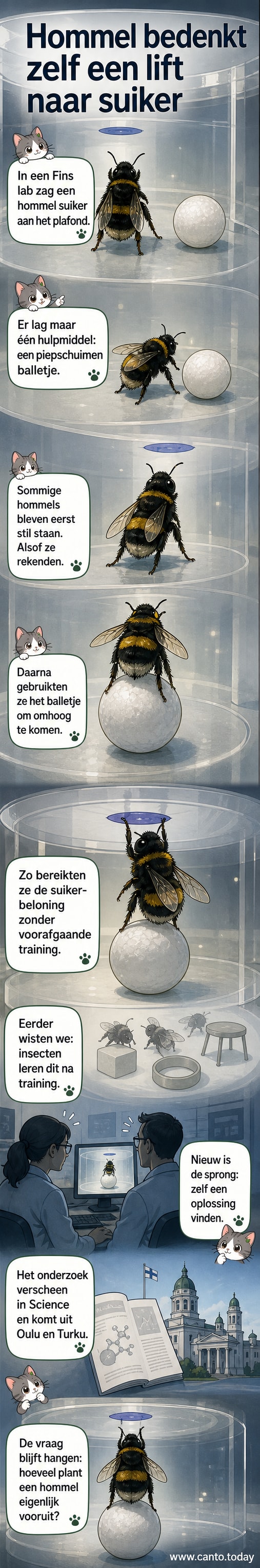 Een hommel bekijkt een piepschuimen balletje onder een transparante doos, terwijl een suikeroplossing net buiten bereik zit. Achtergrond toont een laboratoriumsetting met wetenschappers die observeren.