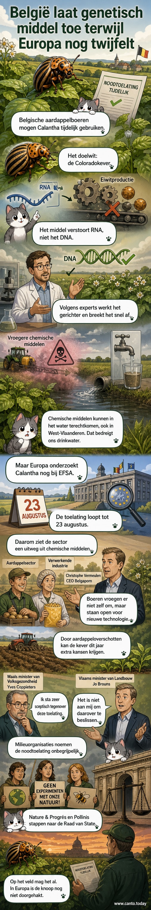 Een boer spuit een veld met aardappelen, terwijl een illustratie toont hoe Calantha het RNA van de Coloradokever aanpakt zonder andere organismen te schaden.