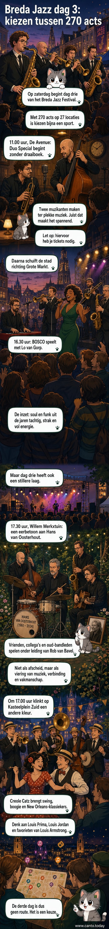 Affiche van het Breda Jazz Festival met saxofoons, notenbalken en de stad Breda op de achtergrond