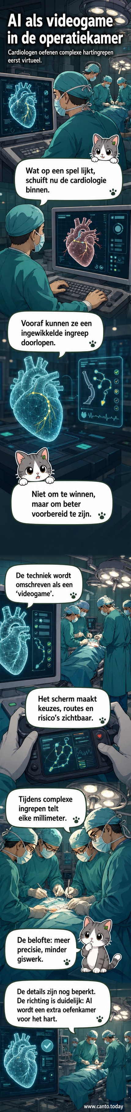 Een arts kijkt naar een scherm met een 3D-simulatie van een hart, ondersteund door AI die werkt als een videogame.