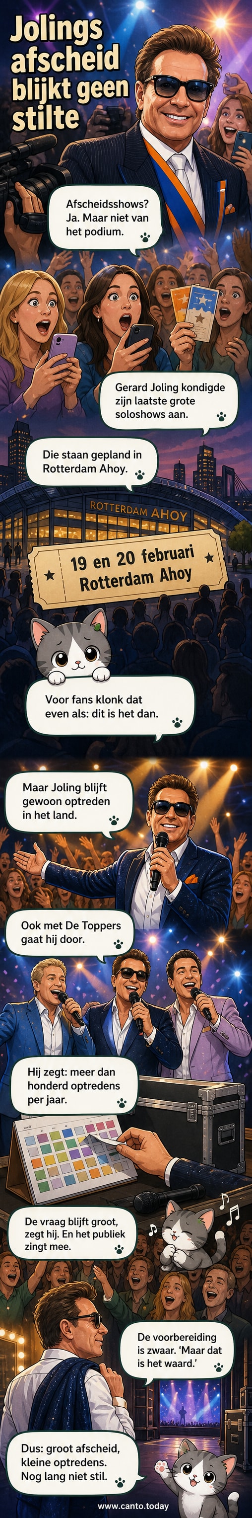 Gerard Joling op het podium, glimlachend naar het publiek, met lichteffecten op de achtergrond.