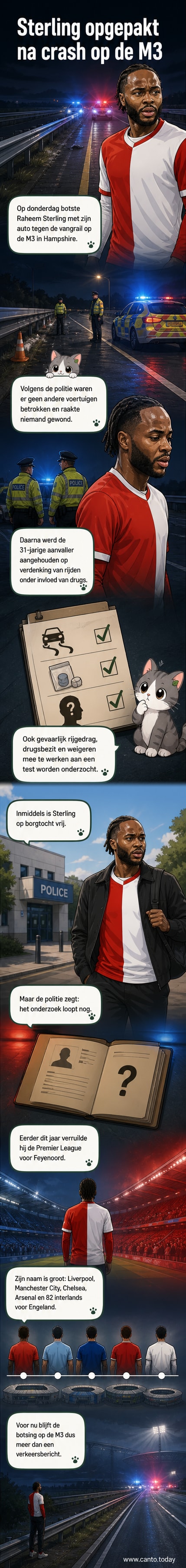 Raheem Sterling, in voetbalshirt, na een verkeersongeluk op de snelweg met beschadigde auto tegen de vangrail.