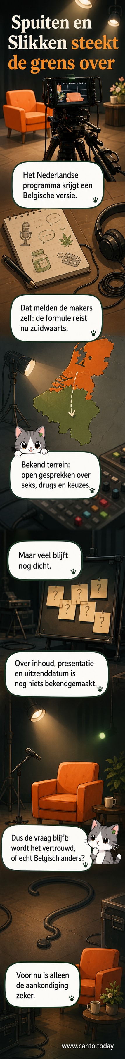 Illustratie van een Belgische en Nederlandse versie van het programma 'Spuiten en Slikken', met vlaggen en een tv-scherm.