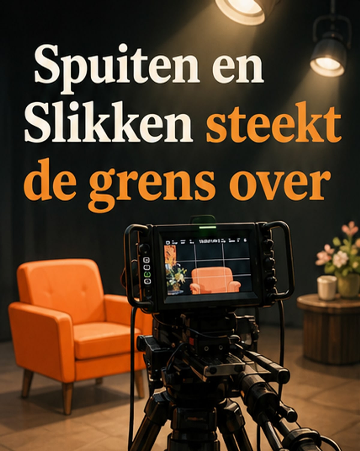Illustratie van een Belgische en Nederlandse versie van het programma 'Spuiten en Slikken', met vlaggen en een tv-scherm.