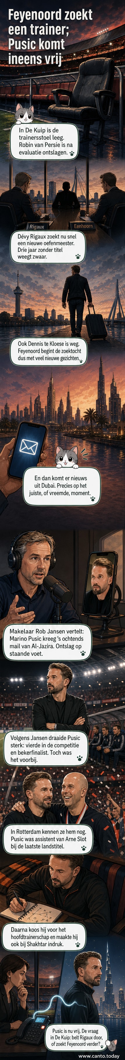 Illustratie van een lege bank op De Kuip met het silhouet van een trainer, omringd door voetballogo's van Feyenoord, Al-Jazira en Shakhtar.