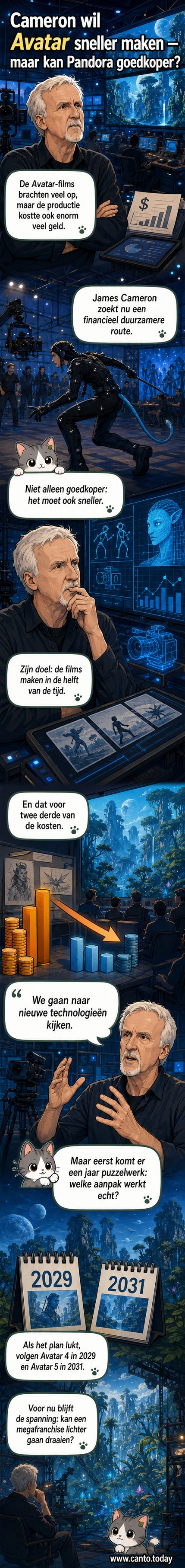 Illustratie van James Cameron met een tablet waarop een Avatar-wereld wordt getoond, omgeven door technologische tools en cijfers over kosten en tijd.