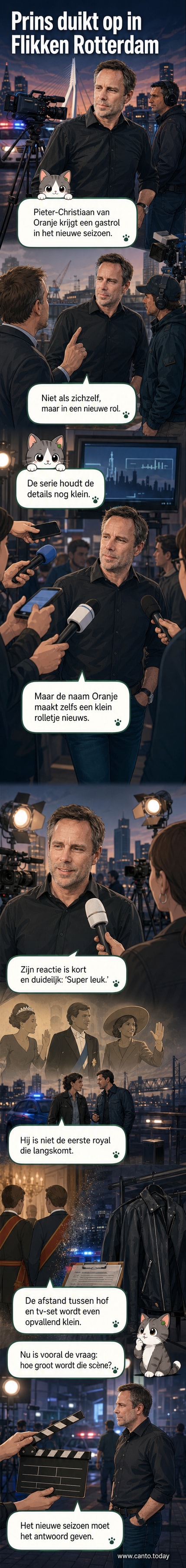 Illustratie van prins Pieter-Christiaan in een politie-uniform op een straat in Rotterdam, met de skyline op de achtergrond.