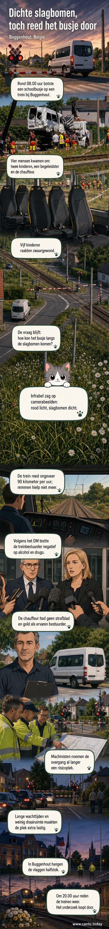 Een verwoest schoolbusje na een aanrijding met een trein op een spoorwegovergang in Buggenhout, België, met hulpdiensten ter plaatse.