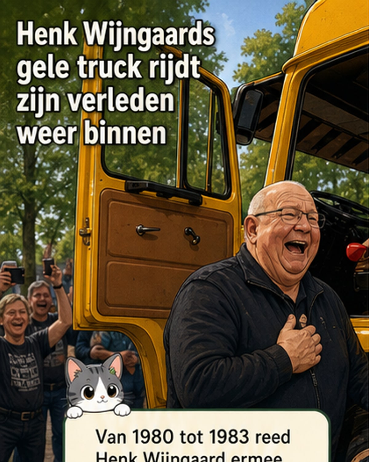 Gele vrachtwagen brengt zanger terug