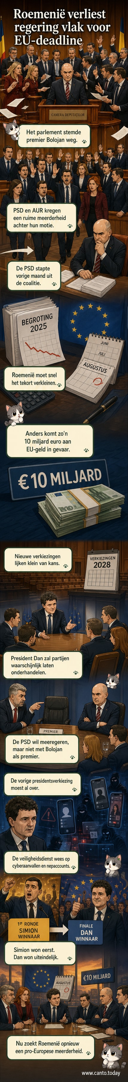 Illustratie van het Roemeense parlement met een gevallen regeringslogo en een klok die tikt richting een EU-deadline.