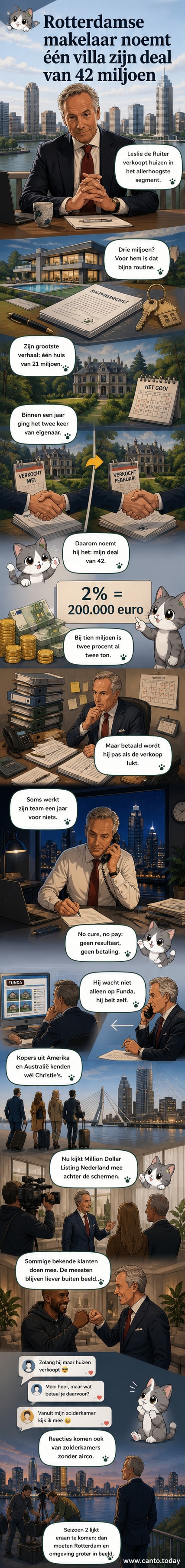 Portret van makelaar Leslie de Ruiter voor een modern herenhuis, met de titel 'Deal van 42 miljoen'