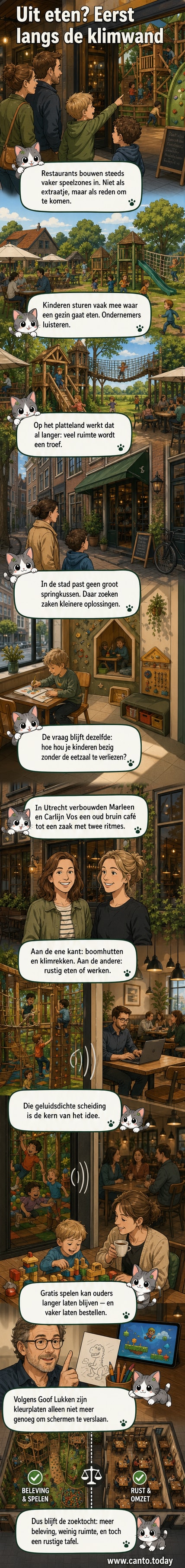 Illustratie van een modern restaurant met aan de ene kant een speelruimte vol kinderen met klimrekken en boomhutten, en aan de andere kant een rustige eethoek met volwassenen aan tafel, gescheiden door een geluidsdichte wand.