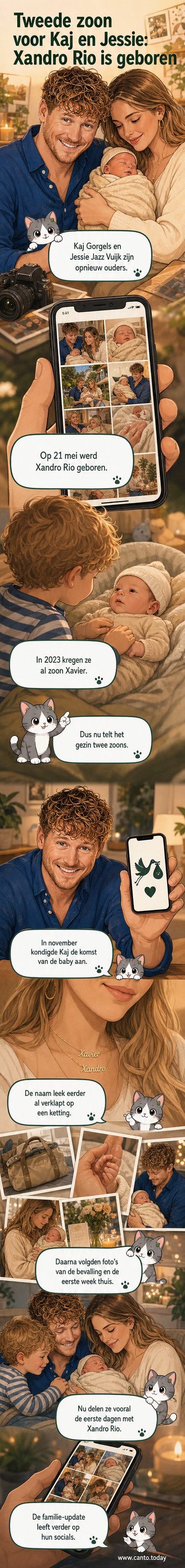 Kaj Gorgels en Jessie Jazz Vuijk met hun pasgeboren zoon Xandro Rio in hun armen, omringd door licht en warmte in een thuissfeer.