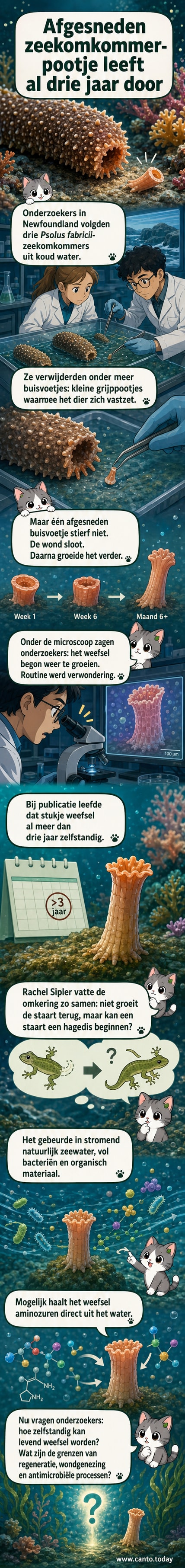 Illustratie van een afgesneden buisvoetje van een zeekomkommer dat in zee drijft en langzaam groeit, met cellulaire activiteit zichtbaar in blauwe en groene tinten.