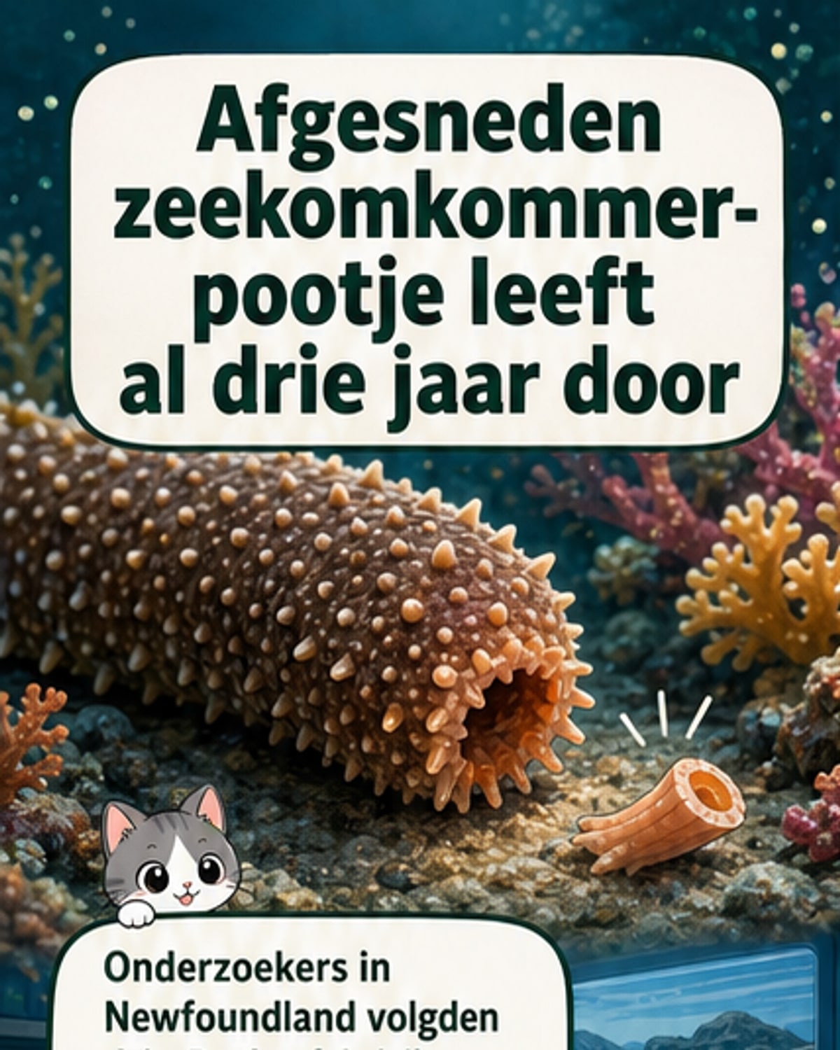 Illustratie van een afgesneden buisvoetje van een zeekomkommer dat in zee drijft en langzaam groeit, met cellulaire activiteit zichtbaar in blauwe en groene tinten.