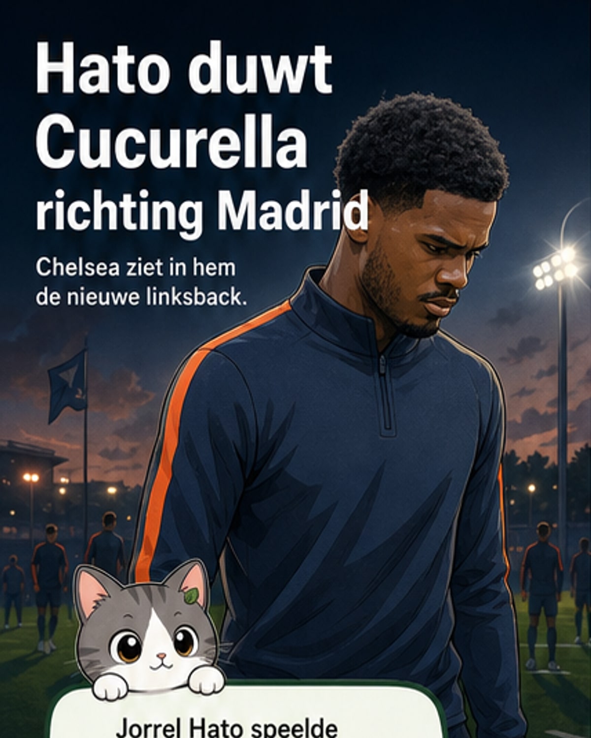 Jorrel Hato in Chelsea-tenue tijdens een wedstrijd, met een subtiele focus op de linksbackpositie.