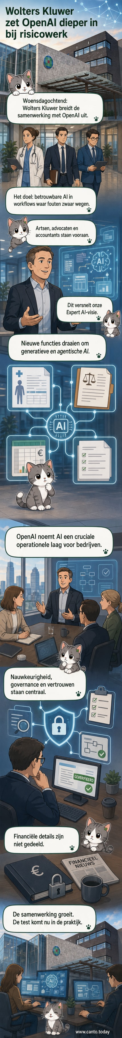 Illustratie van een digitale samenwerking tussen Wolters Kluwer en OpenAI, met AI-iconen en professionele gebruikers zoals artsen en advocaten.