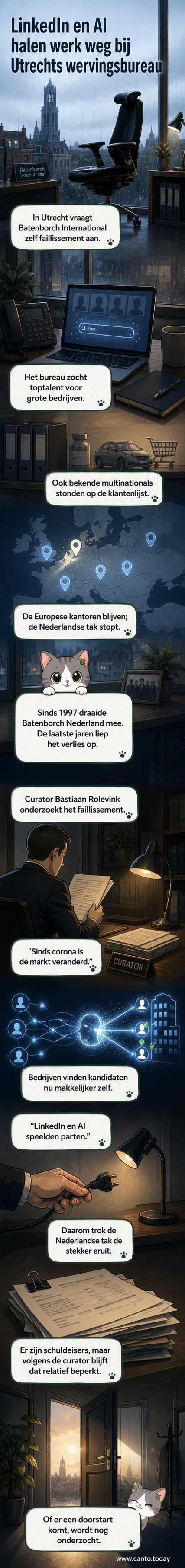 Illustratie van een leeg kantoor met een LinkedIn-logo op een scherm en een AI-robot die een sollicitatiebrief weggooit.