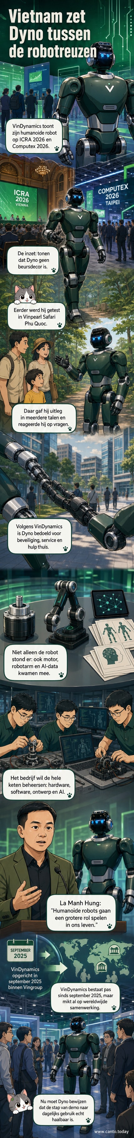 Een humanoïde robot met een glimmend wit lichaam en mensachtige gelaatstrekken staat op een techbeurs, omringd door bezoekers en een groot scherm met het logo van VinDynamics.
